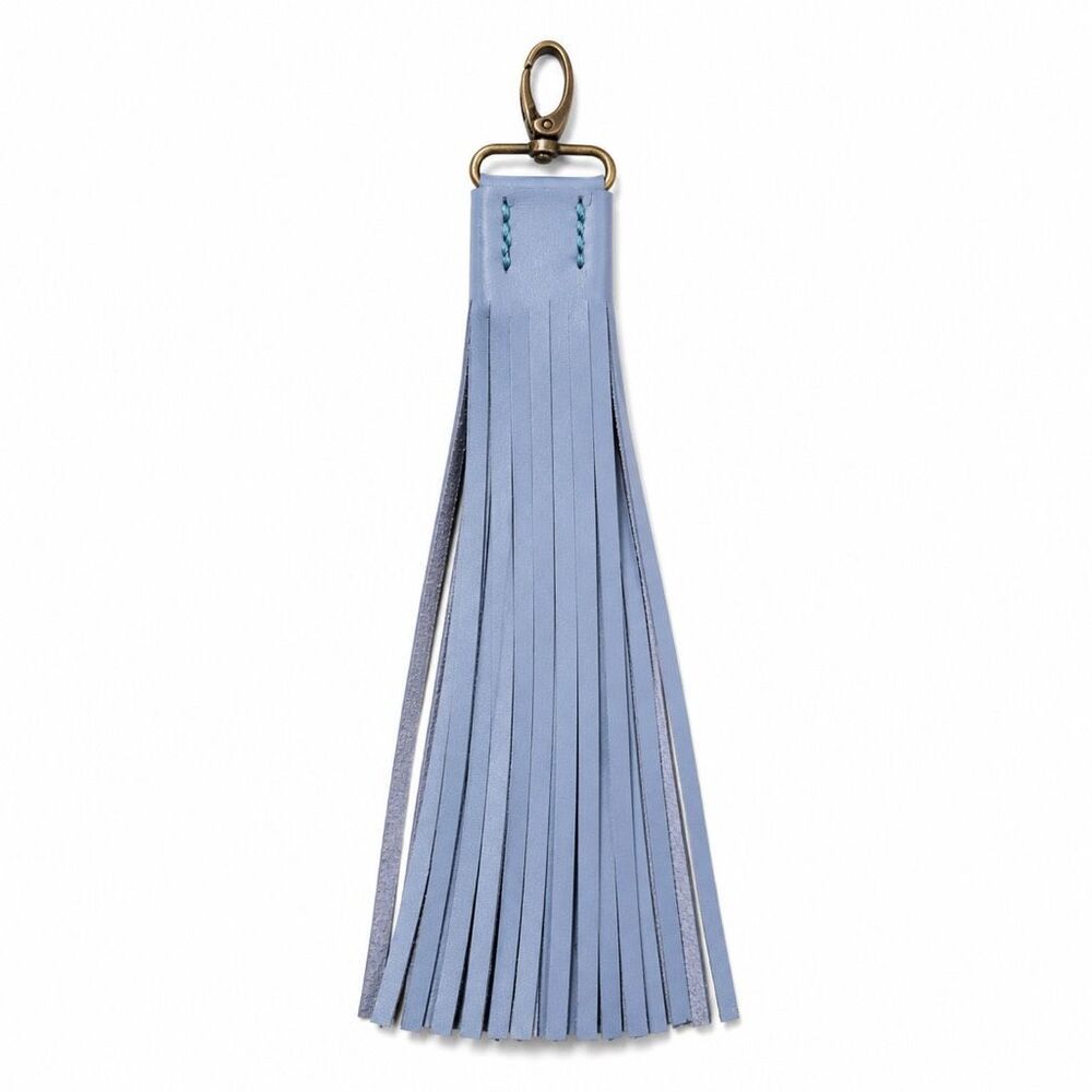 Handmade Blue Full Grain Leather Tassel Bag Charm Keychain Antique Brass 12in